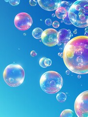 Naklejka premium Bright, iridescent soap bubbles drift through a vibrant blue sky, capturing sunlight and creating a cheerful ambiance