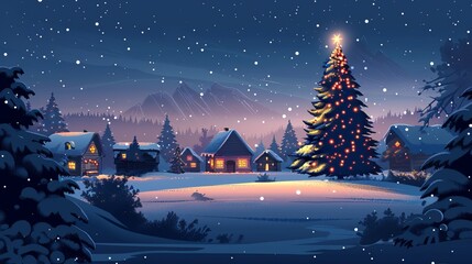 Naklejka premium A Christmas tree is lit up in a snowy forest. The scene is peaceful and serene, with the snow-covered ground and trees creating a beautiful winter landscape