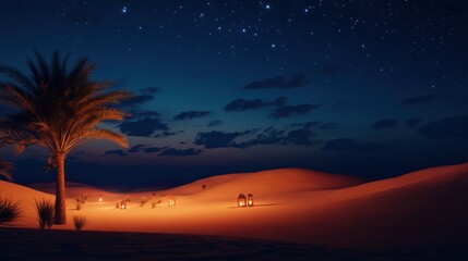 A lone palm tree stands tall in the desert under a starry night sky, illuminated by glowing lanterns.