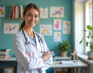 A confident female doctor with arms crossed and a stethoscope, smiling in her medical office, ready for patient care..