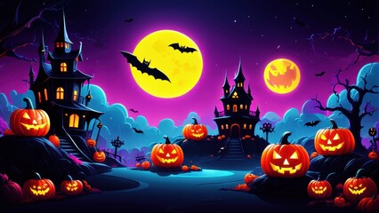 Fototapeta premium A spooky Halloween scene with haunted houses, glowing pumpkins, and a full moon.