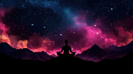 Fototapeta premium Silhouette human lotus position, meditation space galaxy cloud nebula, cosmos background wallpaper