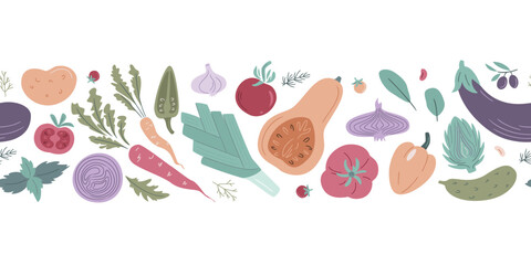 Vegetables seamless pattern, border, great for textiles, wrapping, packaging. Healthy lifestyle illustration for print, web. Hand drawn Vector illustration in flat style