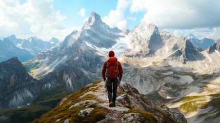 A lone hiker with a red backpack walks along the edge of a cliff overlooking a vast mountain range with snow-capped peaks.