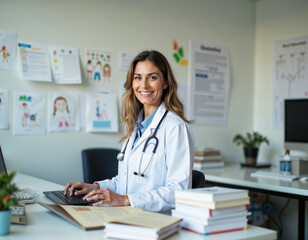 A smiling pediatrician sits at her desk working on a laptop, surrounded by medical books and children's drawings in a clinic office..