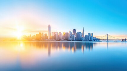 Fototapeta premium Stunning view of the San Francisco skyline with the iconic Golden Gate Bridge in the foreground, set against a clear blue sky and calm waters.