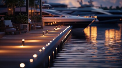 Obraz premium A wooden dock with lights leading to water with a yacht and sunset reflections.
