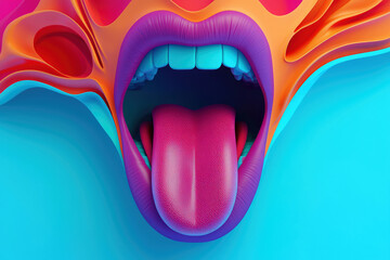 Colorful and abstract close-up shot of a person's mouth with tongue sticking out, psychedelic style