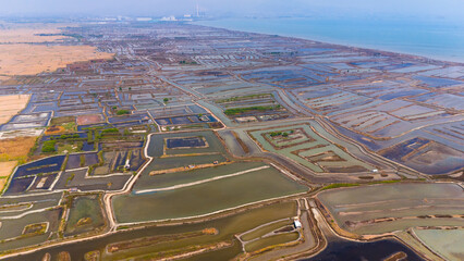 Aerial view of a sprawling aquaculture farm with an intricate network of ponds along a coastal landscape, showcasing sustainable food production