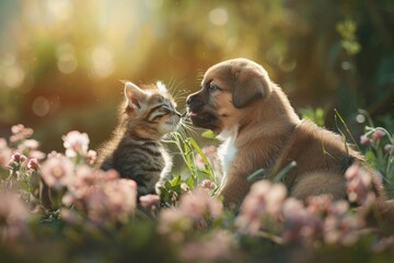 Obraz premium A sweet scene of a puppy and a kitten playing together in a colorful flower field
