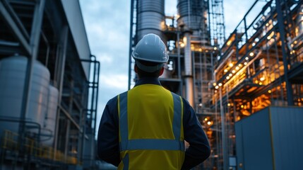 Fototapeta premium A worker wearing a hard hat and safety vest stands in front of a large industrial facility, with a blurry background.