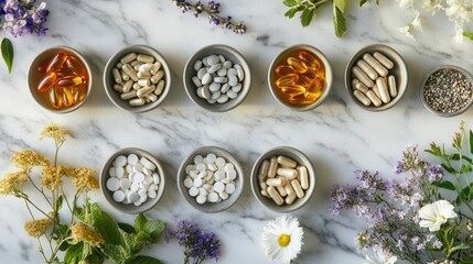 Fototapeta premium Top view of different dietary supplements in bowls, arranged by herbs and flowers on a marble surface. Healthy lifestyle concept, natural and alternative medicine..
