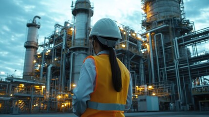 Fototapeta premium Female engineer wearing a hard hat and safety vest standing in front of a large industrial plant at dusk.