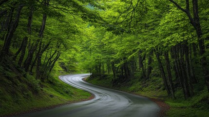A tranquil road curves elegantly through the verdant forests of the caucasus mountains in georgia, showcasing a canopy of bright green leaves.