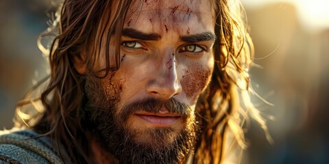 A close-up shot of a man with long hair and a beard, suitable for use in portraits or scenes requiring a unique character