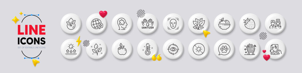 Face detection, Fruits and No sun line icons. White buttons 3d icons. Pack of Plants watering, Doctor, World medicine icon. Eco food, Thermometer, Eye target pictogram. Vector
