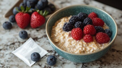 a low-calorie sweetener packet next to a bowl of oatmeal, with fresh berries on top, healthy breakfast. Concept Healthier Eating Choices, Low-Calorie Alternatives, Artificial Sweeteners, Substitutes,