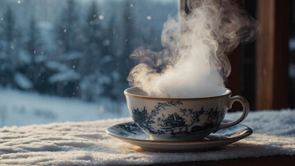 cup of hot tea with winter morning background