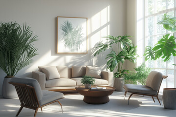 Bright and airy modern living room with lush indoor plants and natural light, creating a peaceful and minimalist home atmosphere