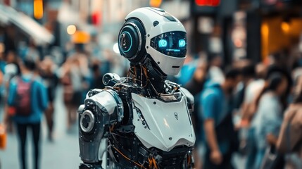 A futuristic robot with a white and silver body stands amidst a blurred crowd. The robot has a helmet with blue glowing eyes and visible wires and mechanisms.