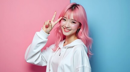 Young pretty Asian woman with glitter make-up wearing sporty fashion, white clothes, model posing isolated on a colorful modern pink and blue background, k-pop style