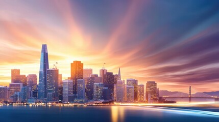 Obraz premium The San Francisco skyline at dusk, with tall buildings illuminated against the twilight sky, and the Bay Bridge glowing in the distance.