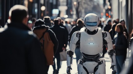 White humanoid robot walks through city crowd.