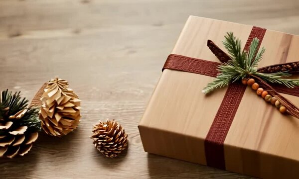 Eco-Friendly Hand-Made Christmas Gift Box Packaging on Wooden Table
