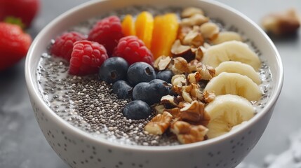 Smoothie bowl filled with chia seeds, fruits, and nuts for a healthy breakfast