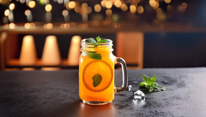 Mocktail in a glass jar on black gradient restaurant background