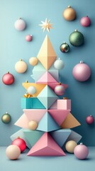 Modern Origami Christmas Tree with Colorful Baubles in Minimalist Pastel Setting