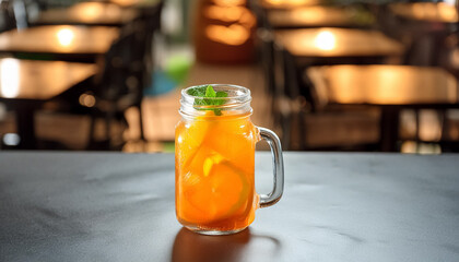 Mocktail in a glass jar on black gradient restaurant background