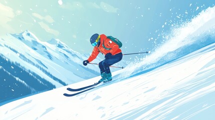 Fototapeta premium Skier racing down a snowy mountain slope during a winter sports competition