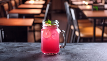 Mocktail in a glass jar on black gradient restaurant background