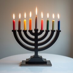 Modern colorful menorah with glowing candles on white background for contemporary Hanukkah celebration