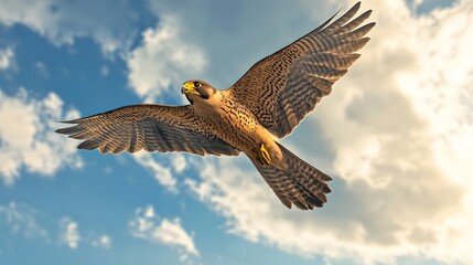 Fototapeta premium Peregrine Falcon Bird Flying in Nature Under Blue Sky with Clouds, Photo Realistic, Wallpaper, Cover and Screen for Smartphone, PC, Laptop, 9:16 and 16:9 Format