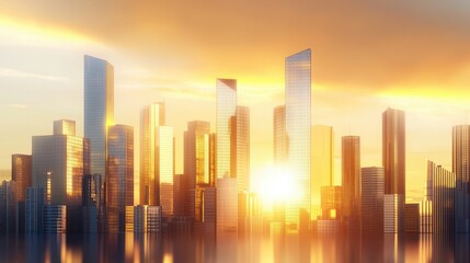 Urban city skyline with towering glass buildings reflecting the golden hues of a setting sun, perfect for modern architecture
