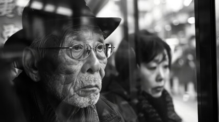 A man in a hat looks out a window, while a woman sits next to him.