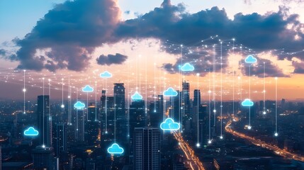 Fototapeta premium A futuristic cityscape with clouds symbolizing digital data, representing the concept of cloud computing and modern technological advancements