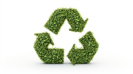 Green recycle symbol made of leaves on white background.