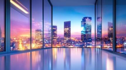 Urban office towers at night, glowing windows, and vibrant city lights in the background.