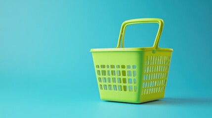 Fototapeta premium Green plastic shopping basket on blue background.