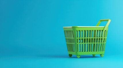 Fototapeta premium Green shopping cart on blue background.