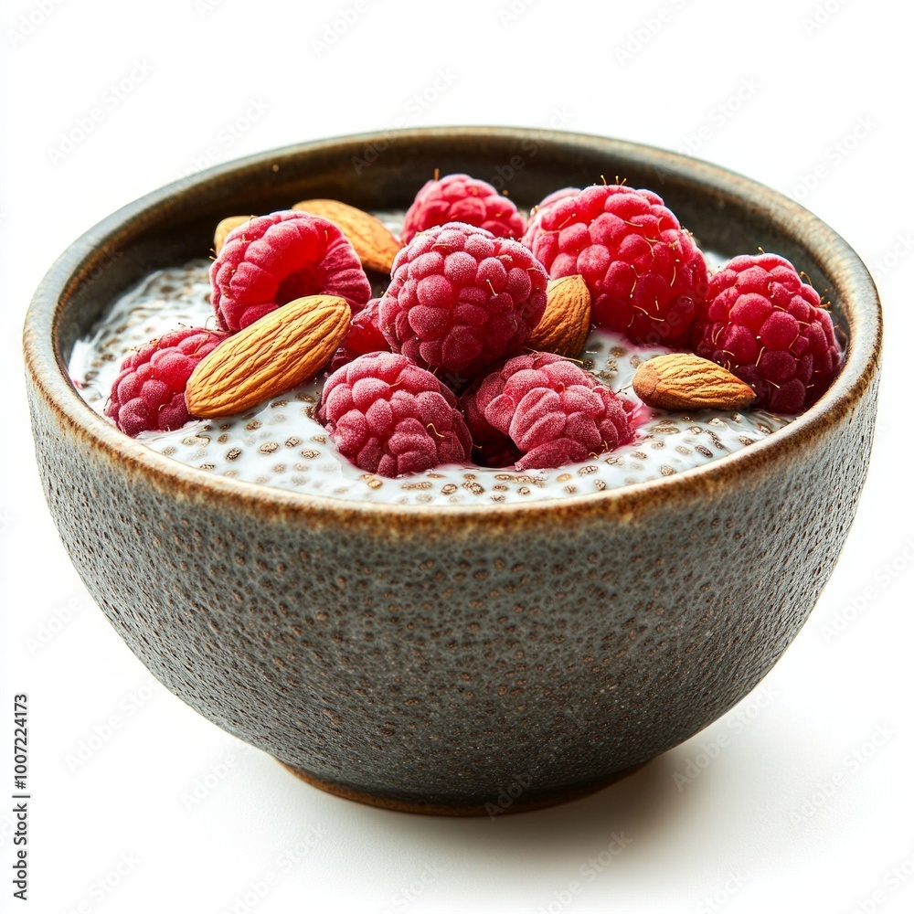 Sticker A delicious bowl of chia seed pudding topped with fresh raspberries and crunchy almonds. Perfect for a healthy breakfast or snack. Simple, nutritious, and visually appealing. AI