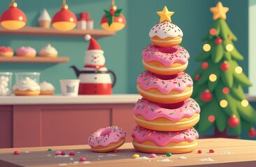 A Christmas tree of fresh delicious colorful donuts for treating customers stands on the counter in a bakery. The concept of congratulating bakery customers on the upcoming New Year