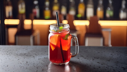 Mocktail in a glass jar on black gradient restaurant background