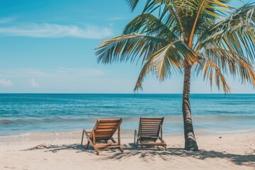 Two chairs sitting under a palm tree on a sunny beach
