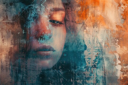 Close-up of a woman's face against a gritty urban backdrop