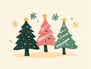 2d vector clipart of three different illustration styles of cartoon minimalist christmas trees alined in pastel tones, cute.