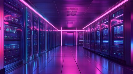 Fototapeta premium A futuristic data center with vibrant neon pink lighting, emphasizing modern technology, innovation, and high-tech infrastructure